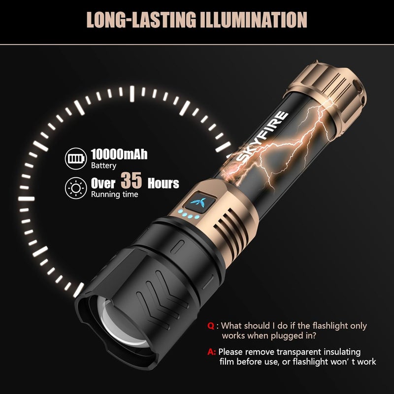 SkyFire Rechargeable Flashlights High Lumens with Ignition Lens&White Yellow Blue Light,10000mAh LED Super Bright Flashlight,Zoomable,4 Modes,Waterproof Tactical Flash Light for Outdoor,Home &Gift - Image 3